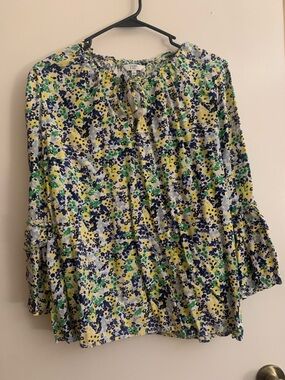 crown & ivy Floral Tie-Neck Blouse - Blue, Yellow & Green